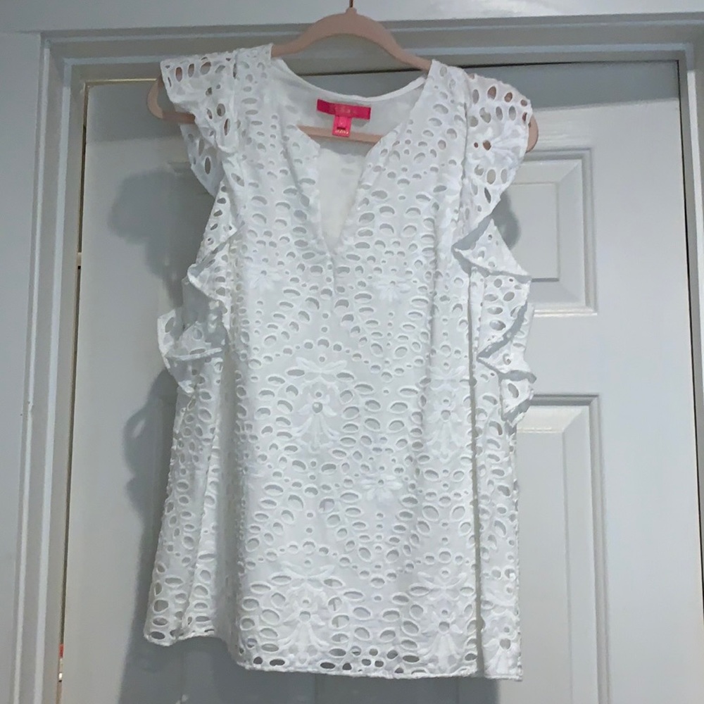 Lily Pulitzer Faun eyelet flutter sleeve top, L